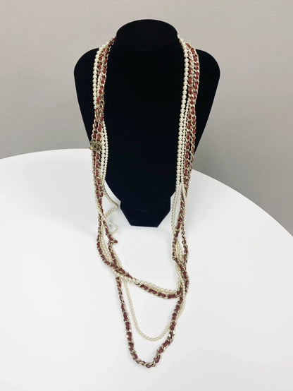 Chanel Vintage Collection Extra Long Multi Pearl and Leather Necklace