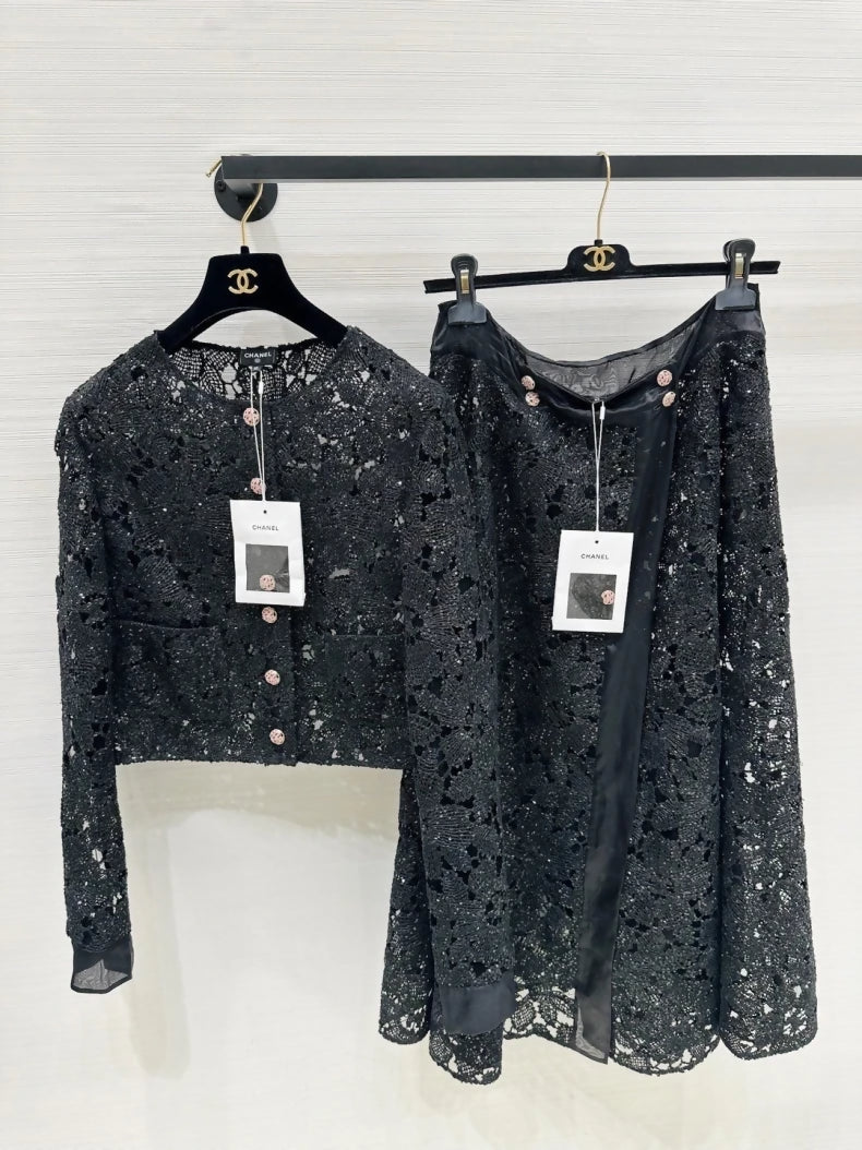 Chanel 24S black lace jacket and skirt set