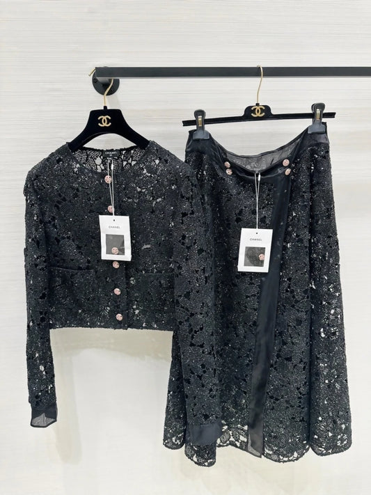 Chanel 24S black lace jacket and skirt set