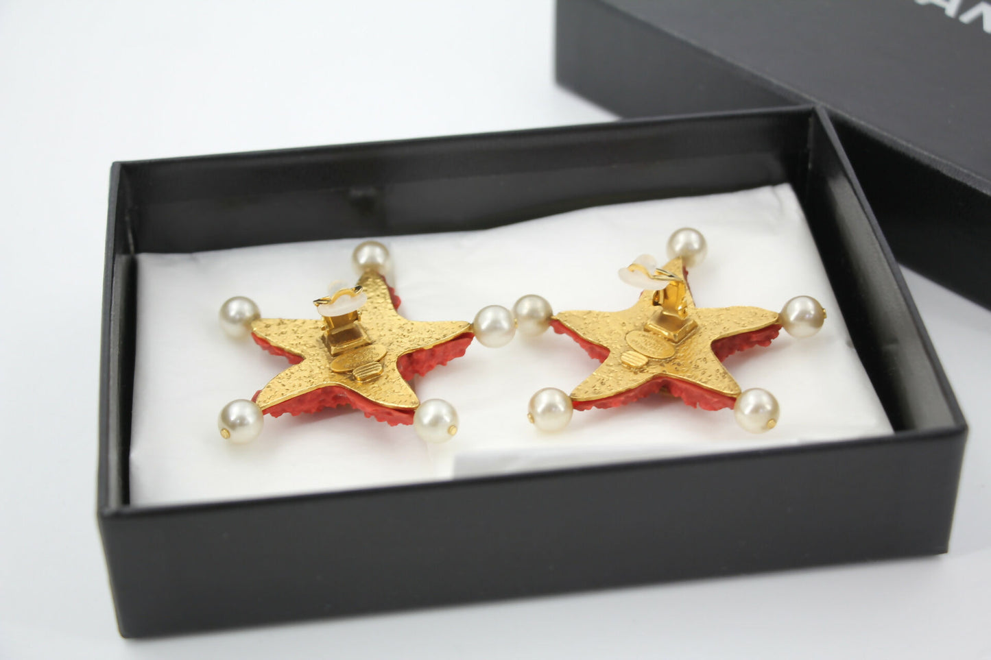 Chanel 93C Red Lava Imitation Pearls Gold Plated CC Starfish Earrings