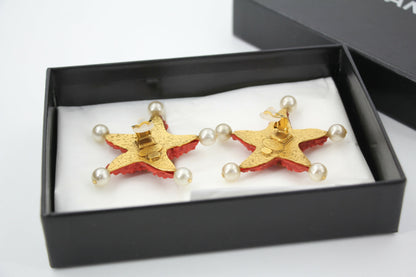 Chanel 93C Red Lava Imitation Pearls Gold Plated CC Starfish Earrings
