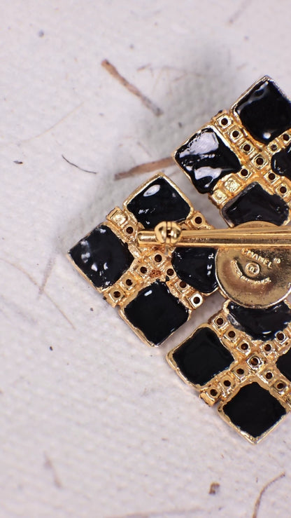 Chanel Black Glass Rhinestone and Pearl Quadrilateral Brooch