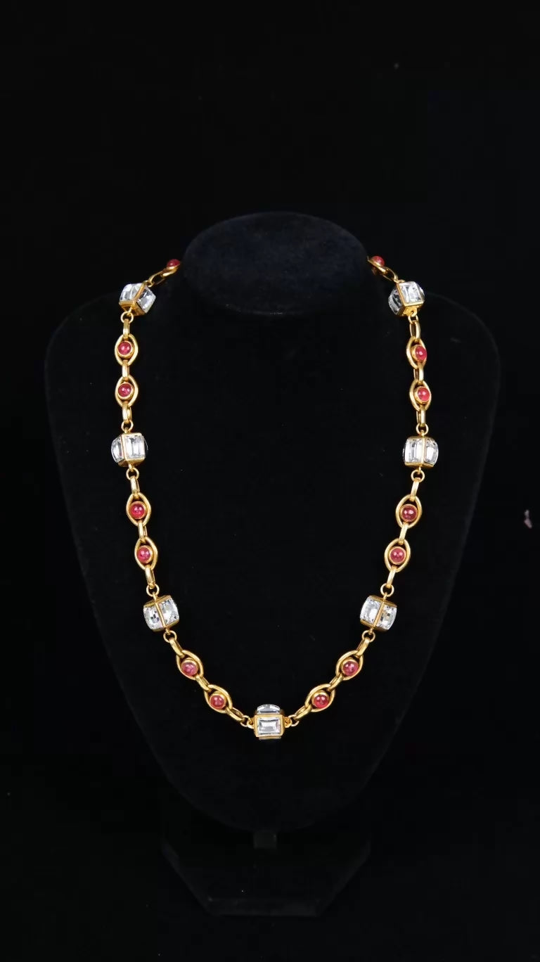 Chanel Pink Glass and Rhinestone Long Necklace