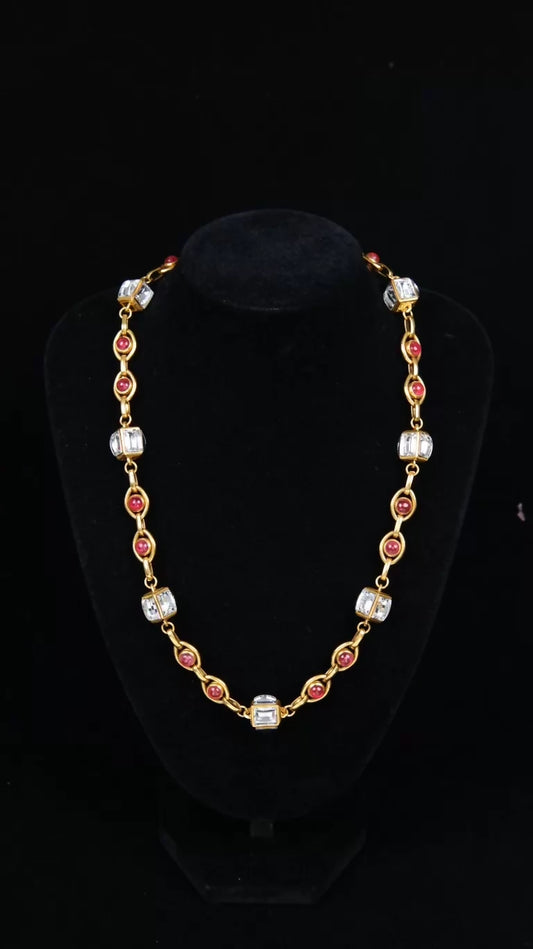 Chanel Pink Glass and Rhinestone Long Necklace