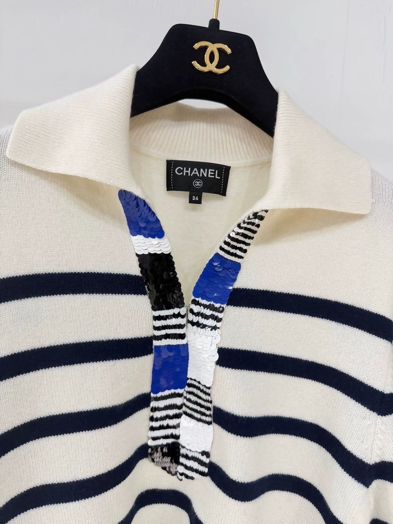 Chanel 24S Navy Striped Sequined Cashmere Sweater