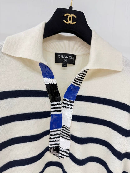 Chanel 24S Navy Striped Sequined Cashmere Sweater