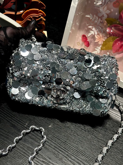 Chanel 22B Large MiniCF Silver Sequined Crossbody Bag