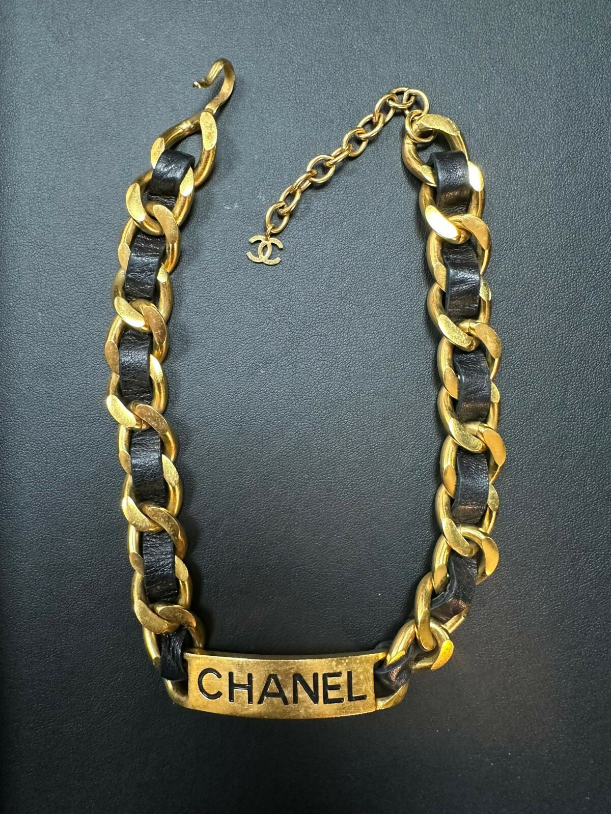 Chanel Vintage 95 Gold Plated & Leather CHANEL Motif Choker Necklace