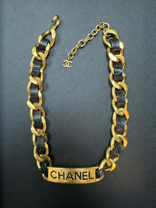 Chanel Vintage 95 Gold Plated & Leather CHANEL Motif Choker Necklace