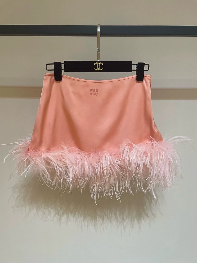 Miu Miu flamingo feather silk top and skirt set