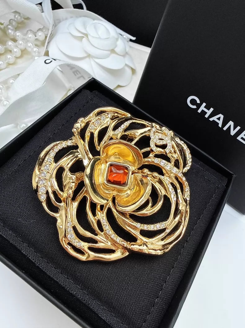 Chanel 24S Gold Camellia Glass Flower Brooch