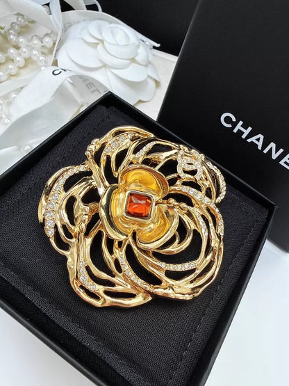 Chanel 24S Gold Camellia Glass Flower Brooch