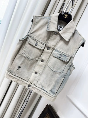 Dior cement grey washed distressed collar sleeveless denim jacket/vest