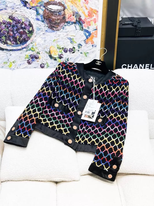Chanel 22S black multicolour satin knit jacket