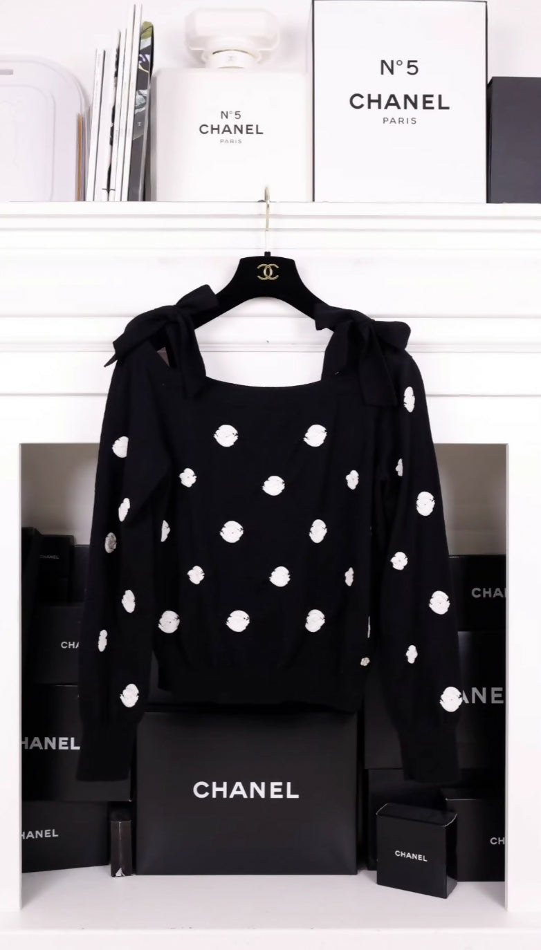 Chanel 23K Black and White Bows & Camellia Sweater