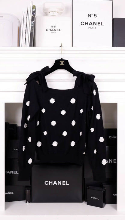 Chanel 23K Black and White Bows & Camellia Sweater