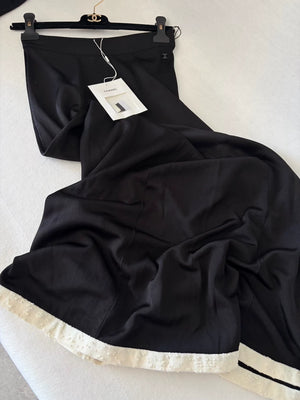 Chanel 25A Black and White Trim Silk Midi Skirt