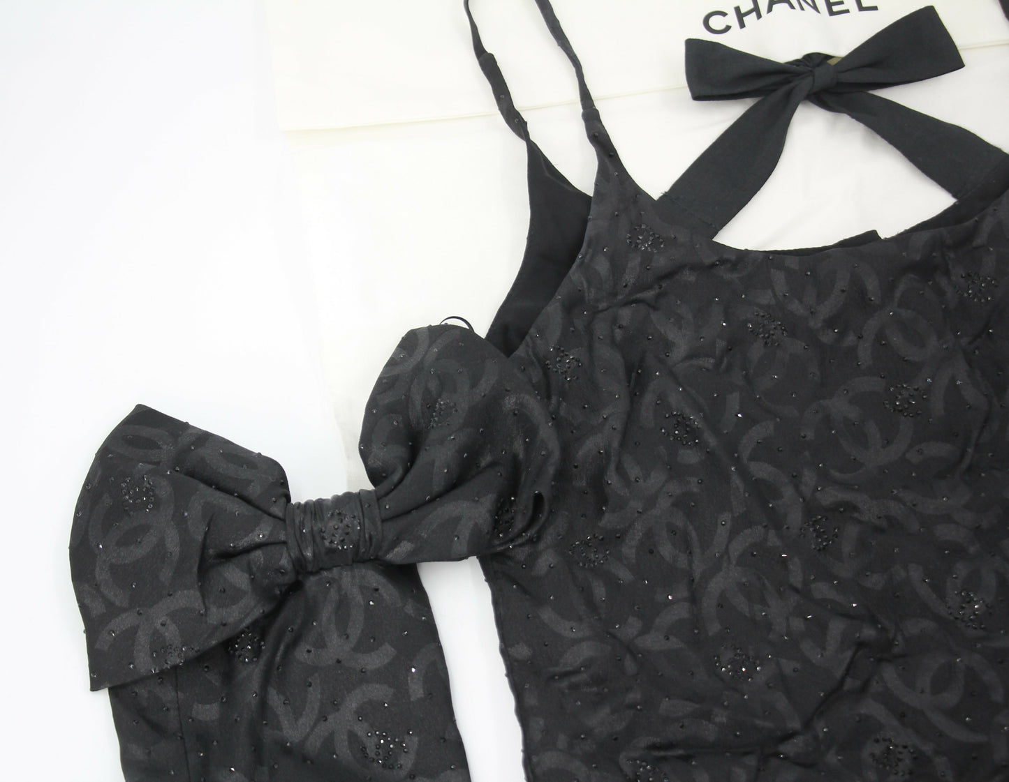 Chanel 2023 Silk Jacquard Embellished Glove Black Dress