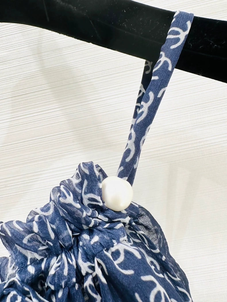 Chanel 25P blue silk top with all-over double C print