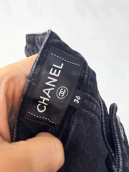 Chanel 23K Black Embossed Camellia Straight Leg Jeans