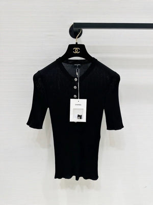 Chanel 26A Black Knit Top with Rhinestone Flower Button, Short Sleeve, F34