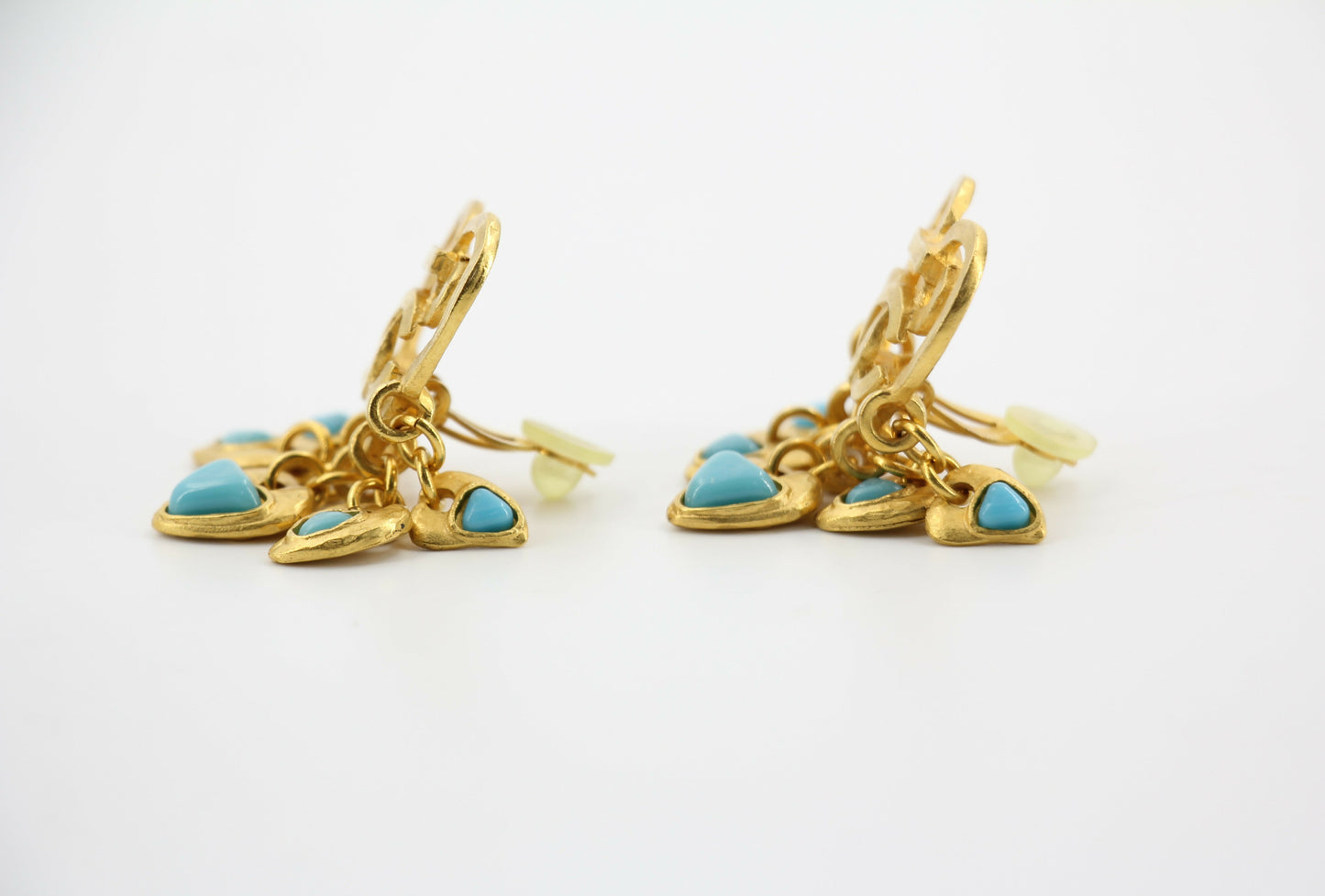 Chanel Vintage 95P Turquoise & Gold Plated Heart Dangle Earrings