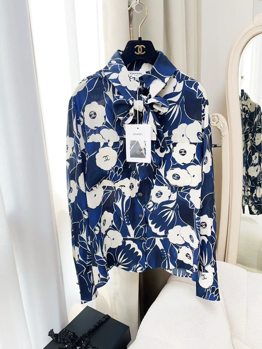 Chanel 22B blue and white camellia silk blouse