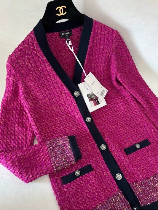 Chanel 21K Red Sequined Knit Cardigan