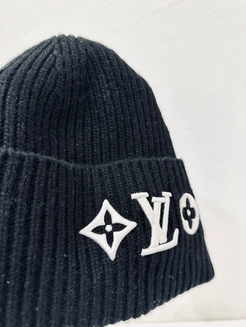 LV black logo embroidered wool beanie, unisex, 100% wool,