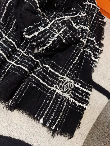 Chanel 23B black and white check tweed  scarf
