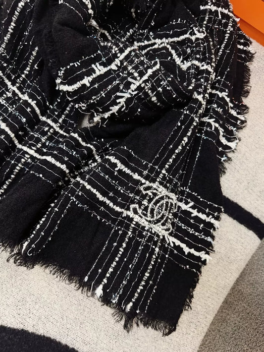 Chanel 23B black and white check tweed  scarf