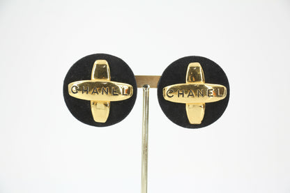 Chanel Vintage 91-92 Velvet Gold Plated Cross Large Round Black Earrings