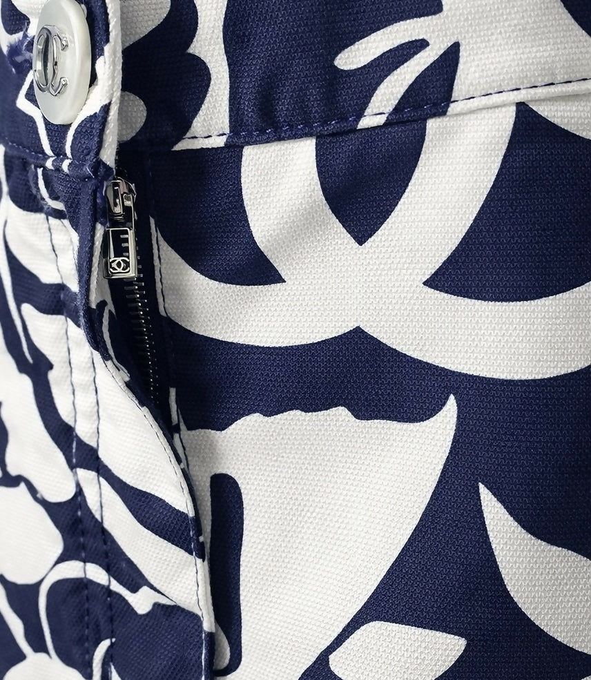Chanel 2021 Coco Beach Dark Navy Blue White Mini Cotton Shorts FR 38
