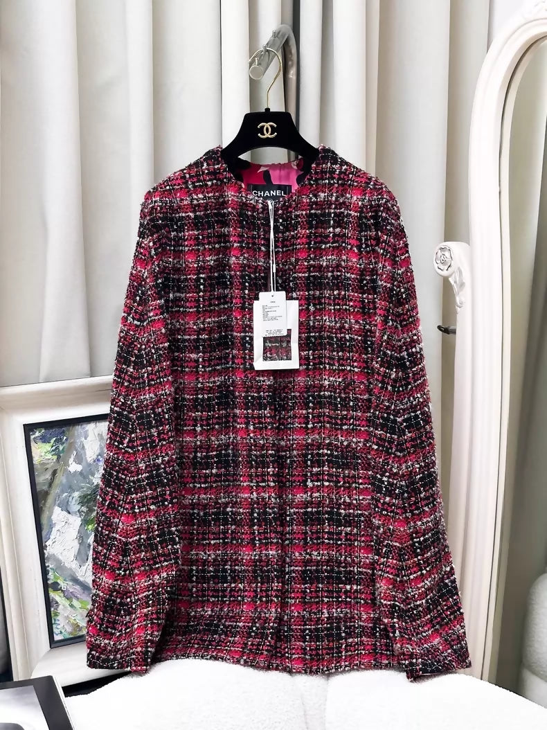 Chanel 24A red and black check tweed cape coat