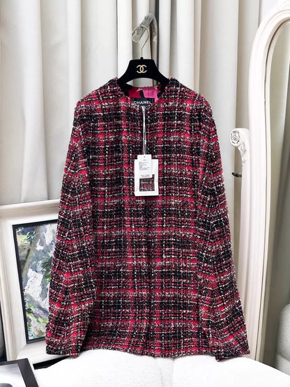 Chanel 24A red and black check tweed cape coat