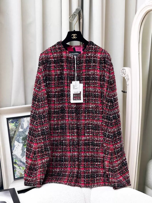 Chanel 24A red and black check tweed cape coat