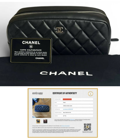 Chanel Black Lambskin Quilted Medium Rectangular Pouch Cosmetic Vanity Case Clutch