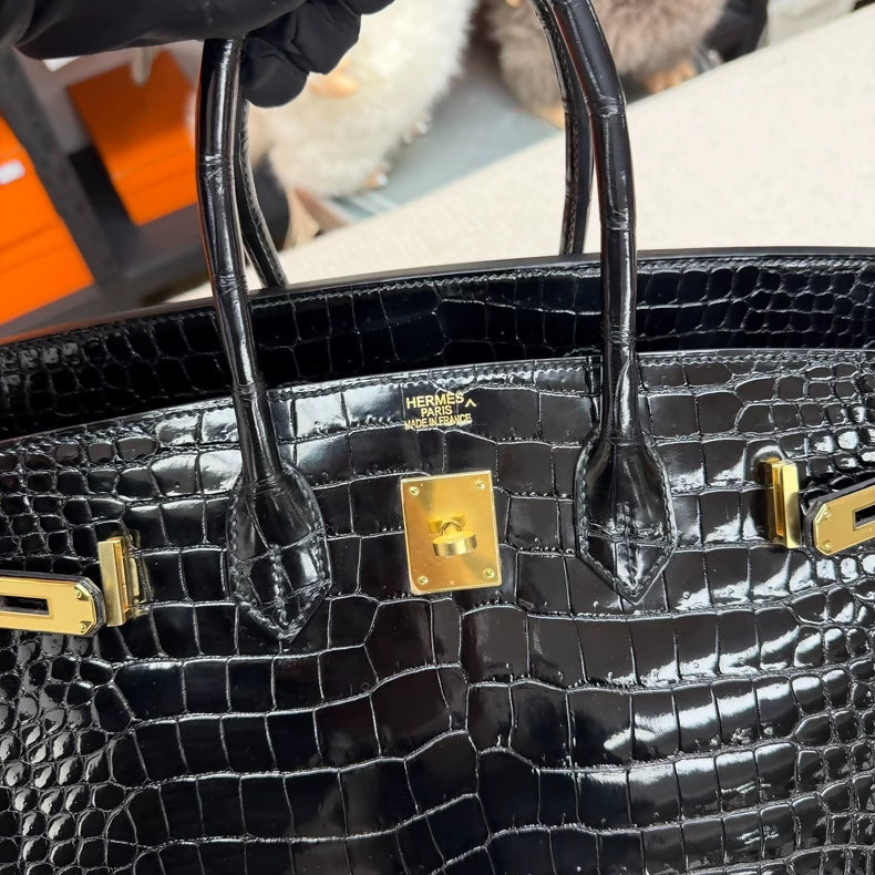 Hermes Birkin 35 black shiny crocodile leather gold hardware