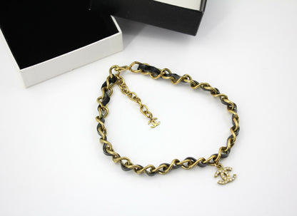 Chanel Vintage 95P Rhinestone Gold-plated Black Leather Chain CC Choker