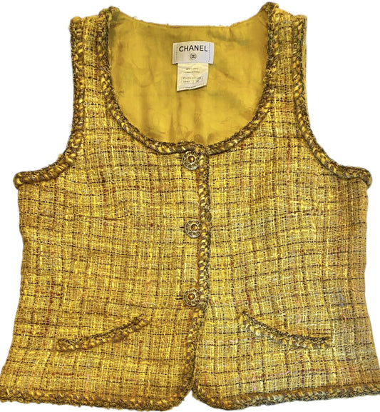Chanel Iconic 11C Saint-Tropez Yellow Multicolor Tweed Gripoix Waistcoat Vest FR 40