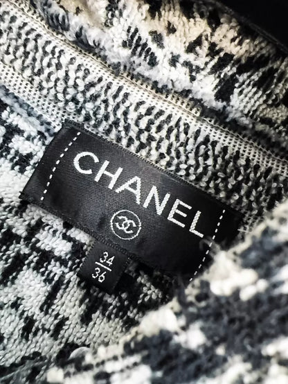 Chanel black and white check knit hooded jacket with gold buttons