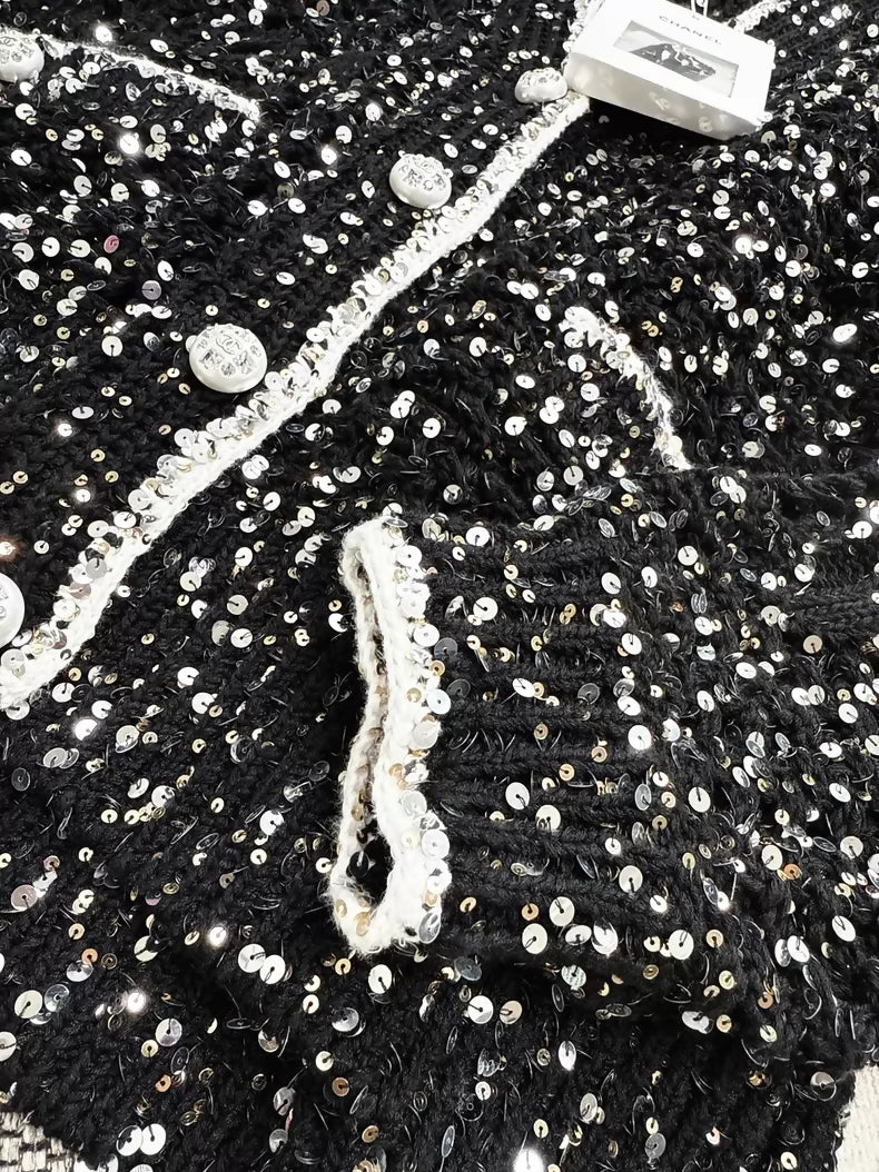 Chanel 23S black sequined V-neck knit cardigan