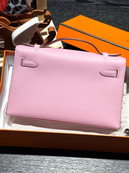 Hermes Kelly pochette X9 mallow purple, Swift leather palladium
