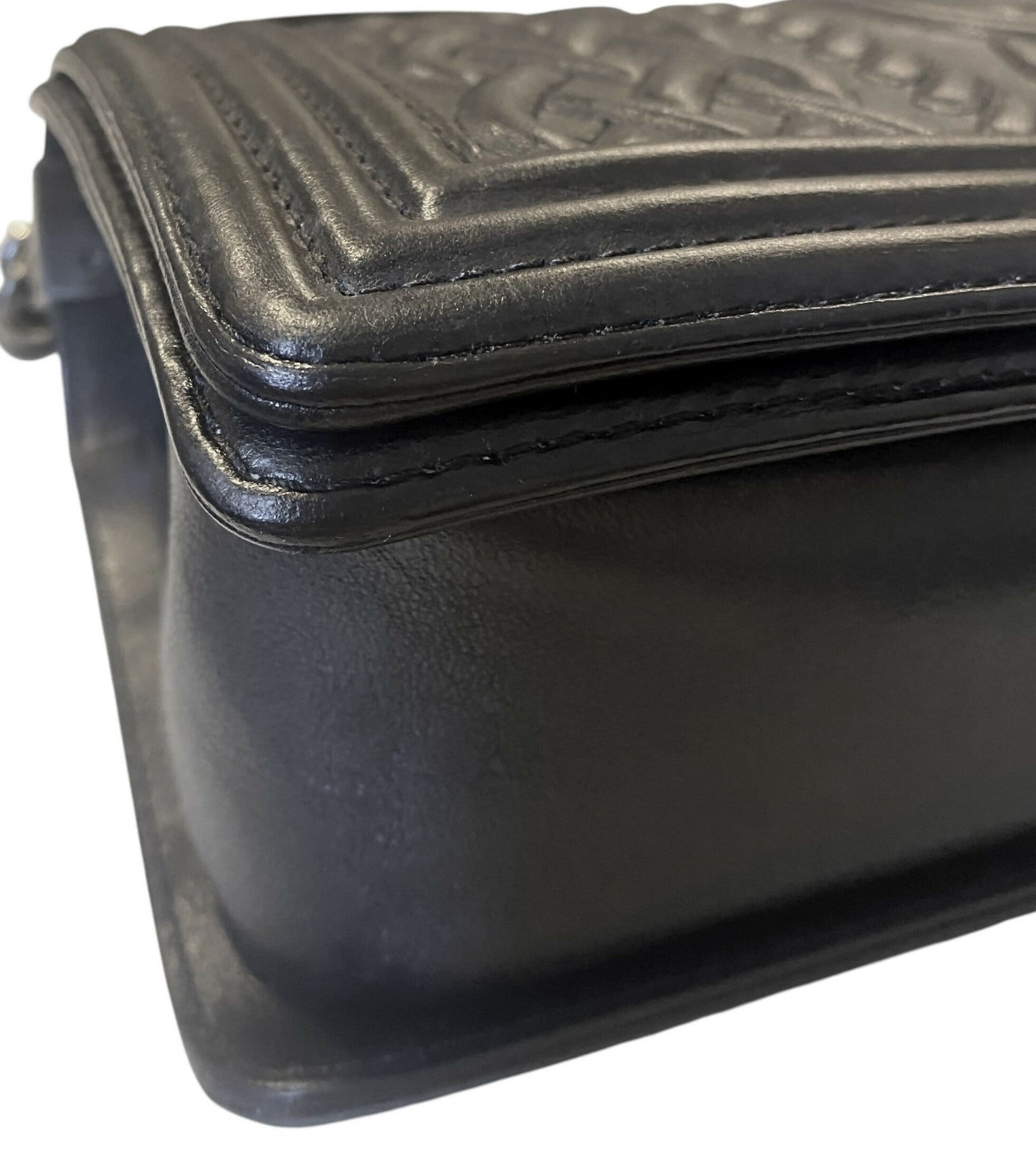 Chanel 13A Paris Edinburgh Black Lambskin Old Medium Embossed Celtic Knot Boy Flap Bag