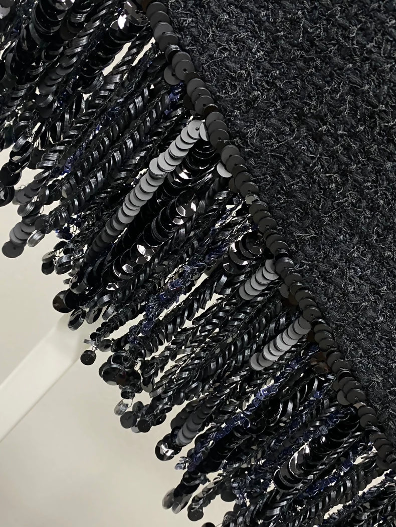 Chanel 22C Black Tweed Sequined Tassel Skirt