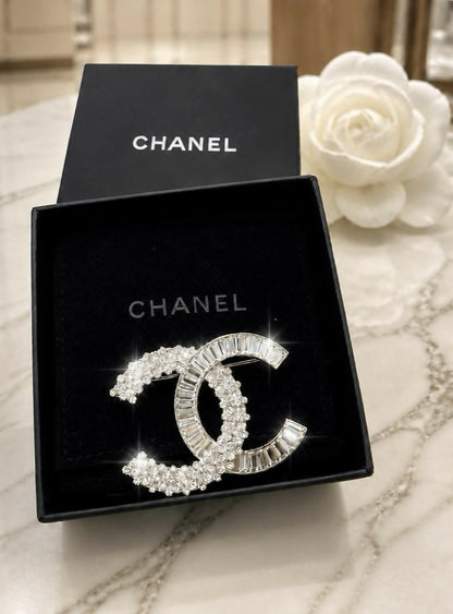 Chanel 2019 Large CC Silver Crystal Baguette Swarovski Brooch