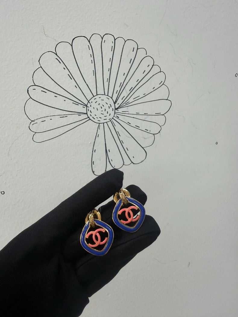 Chanel 22S Pink and Blue Color Block Quilted Gold Earrings