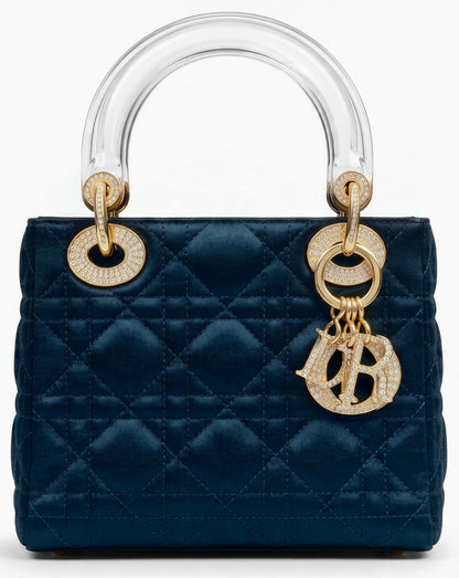 Dior Mini Lady Dior Navy Blue Gold Crystals Lucite Silk Handbag