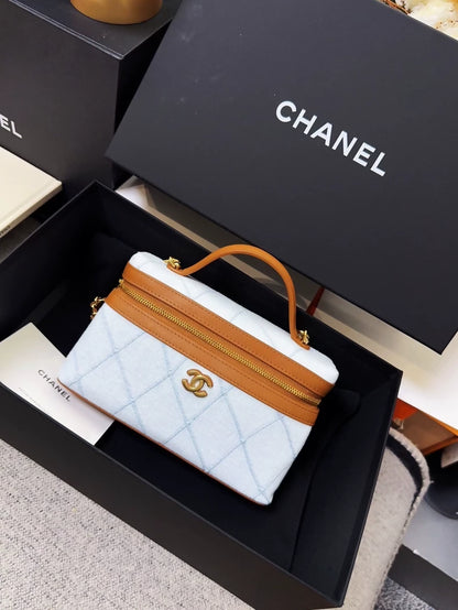 CHANEL 26M Blue Denim and Brown Lunch Bag