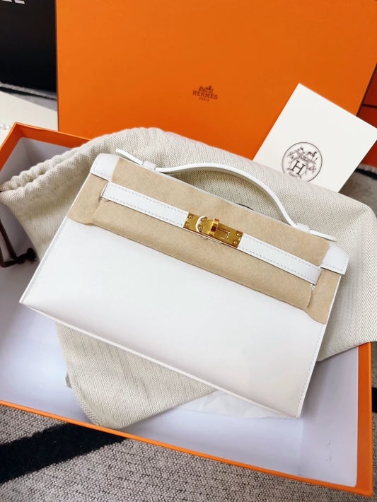 Hermes Kelly pochette pure white swift leather gold hardware